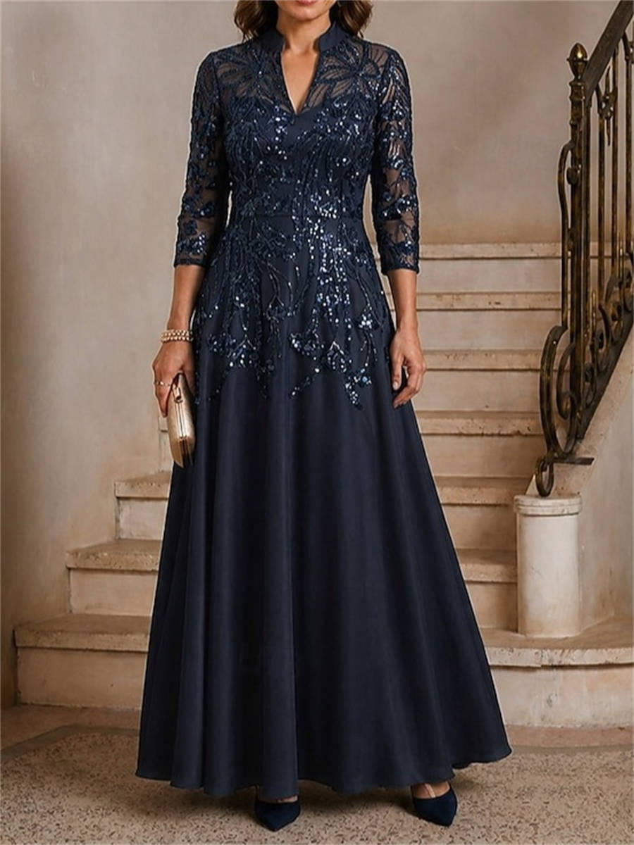 A-line High Neck 3/4 Sleeves Appliques Lace Floor-Length Silk Like Satin Corset Mother of the Bride Dress