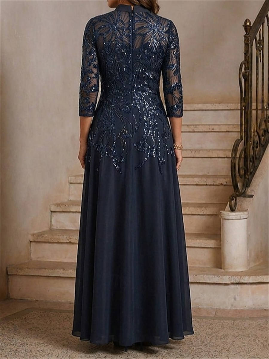 A-line High Neck 3/4 Sleeves Appliques Lace Floor-Length Silk Like Satin Corset Mother of the Bride Dress