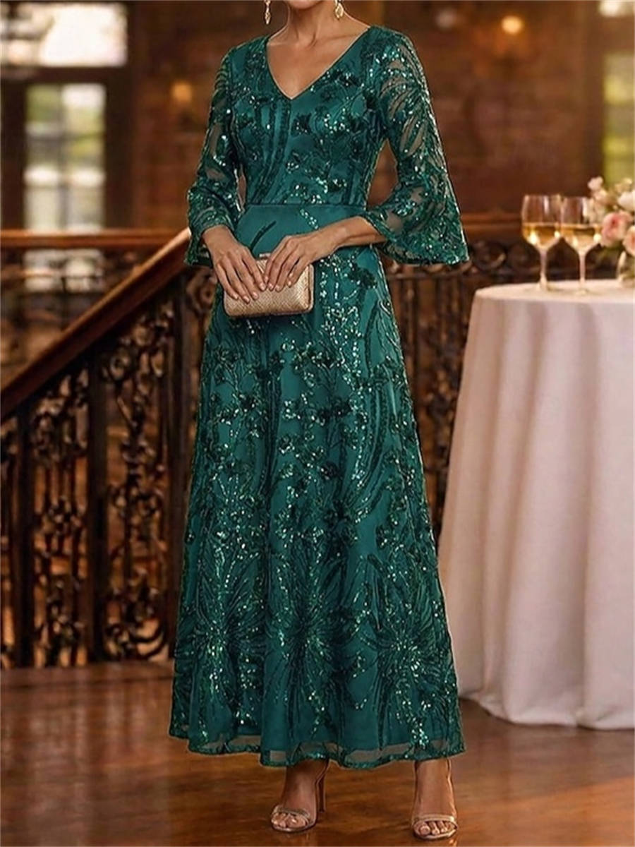 A-line V-neck 3/4 Sleeves Appliques Lace Ankle-Length Lace Corset Mother of the Bride Dress