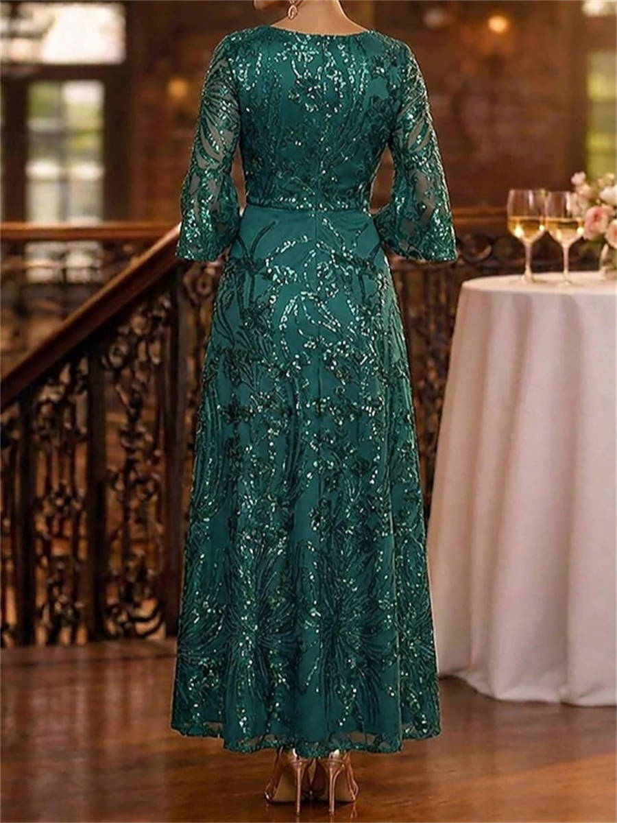 A-line V-neck 3/4 Sleeves Appliques Lace Ankle-Length Lace Corset Mother of the Bride Dress