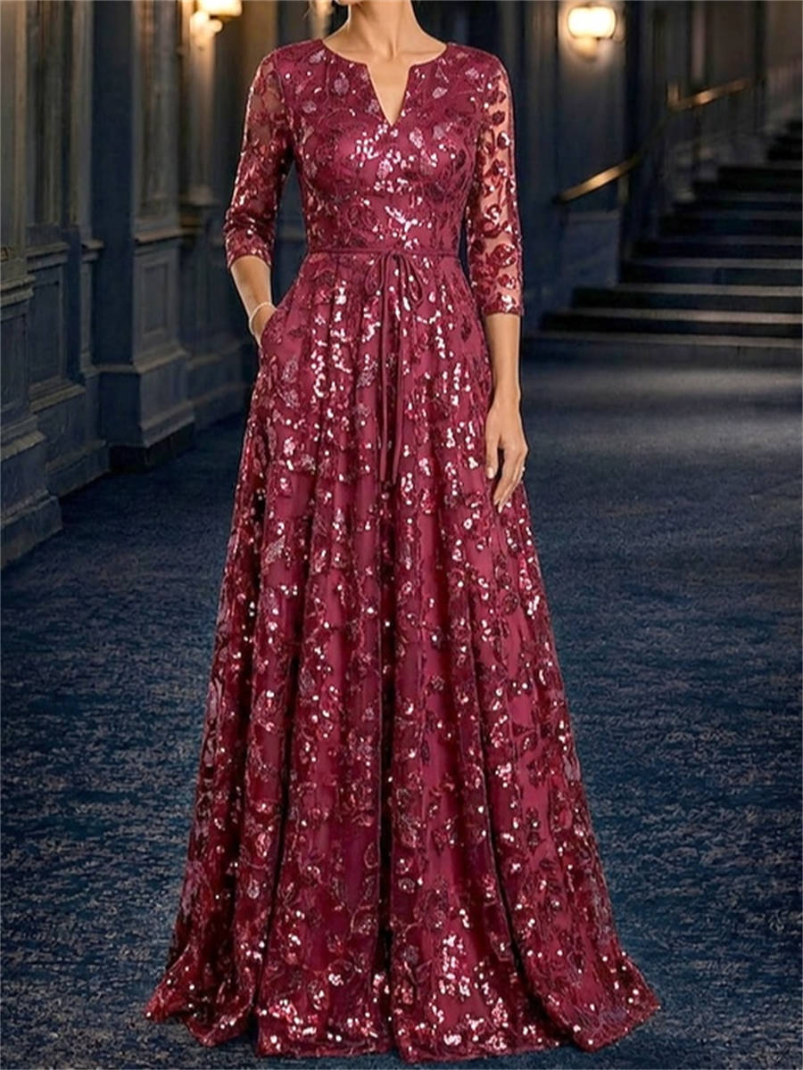 A-line Scoop 3/4 Sleeves Appliques Lace Floor-Length Lace Corset Mother of the Bride Dress