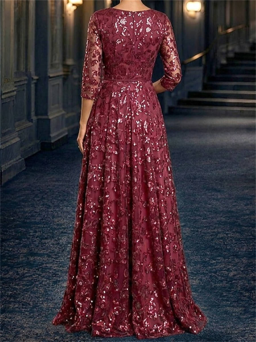 A-line Scoop 3/4 Sleeves Appliques Lace Floor-Length Lace Corset Mother of the Bride Dress