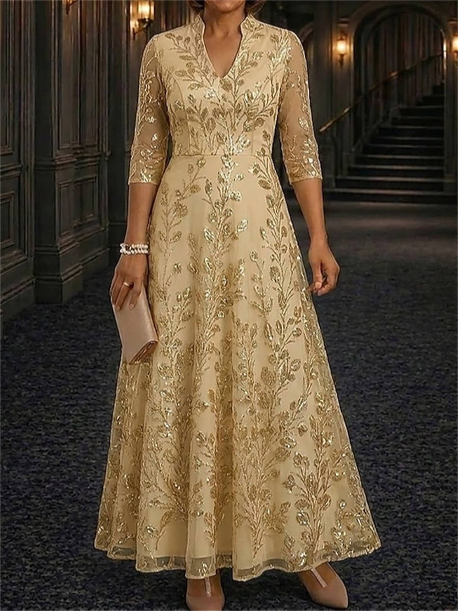 A-line High Neck 3/4 Sleeves Appliques Lace Ankle-Length Lace Corset Mother of the Bride Dress
