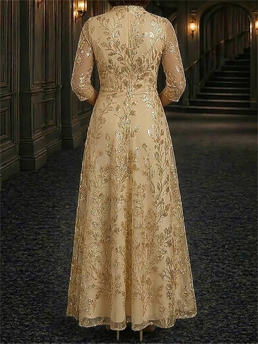A-line High Neck 3/4 Sleeves Appliques Lace Ankle-Length Lace Corset Mother of the Bride Dress