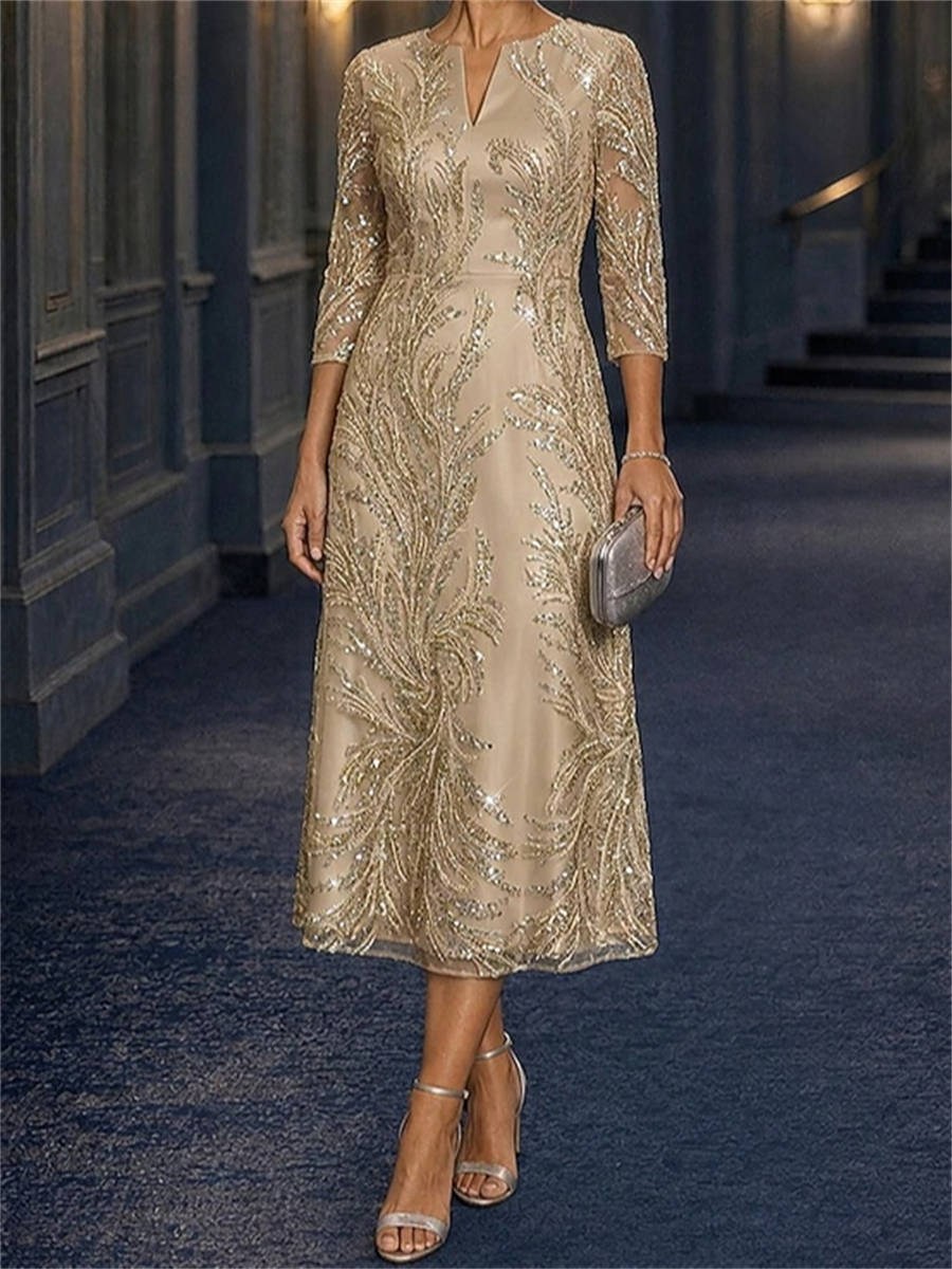 A-line Scoop 3/4 Sleeves Appliques Lace Tea-Length Lace Corset Mother of the Bride Dress