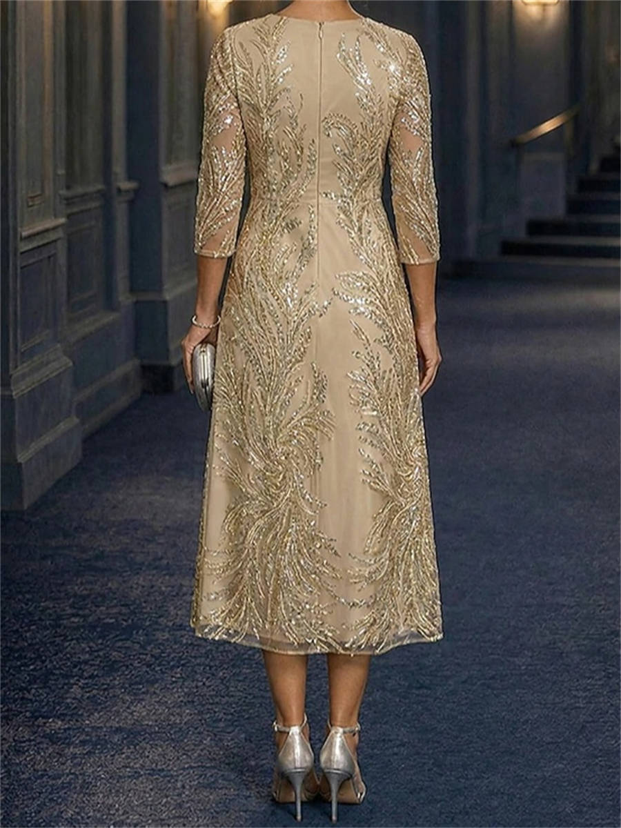 A-line Scoop 3/4 Sleeves Appliques Lace Tea-Length Lace Corset Mother of the Bride Dress