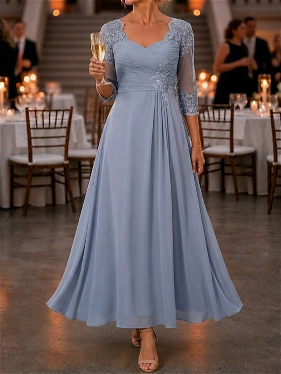 A-line V-neck 3/4 Sleeves Appliques Lace Ankle-Length Chiffon Corset Mother of the Bride Dress