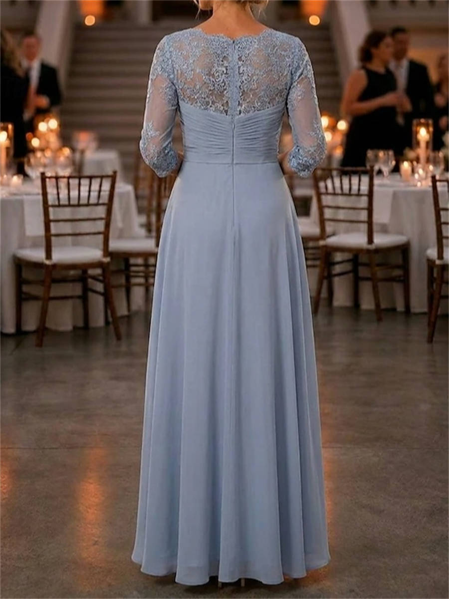 A-line V-neck 3/4 Sleeves Appliques Lace Ankle-Length Chiffon Corset Mother of the Bride Dress