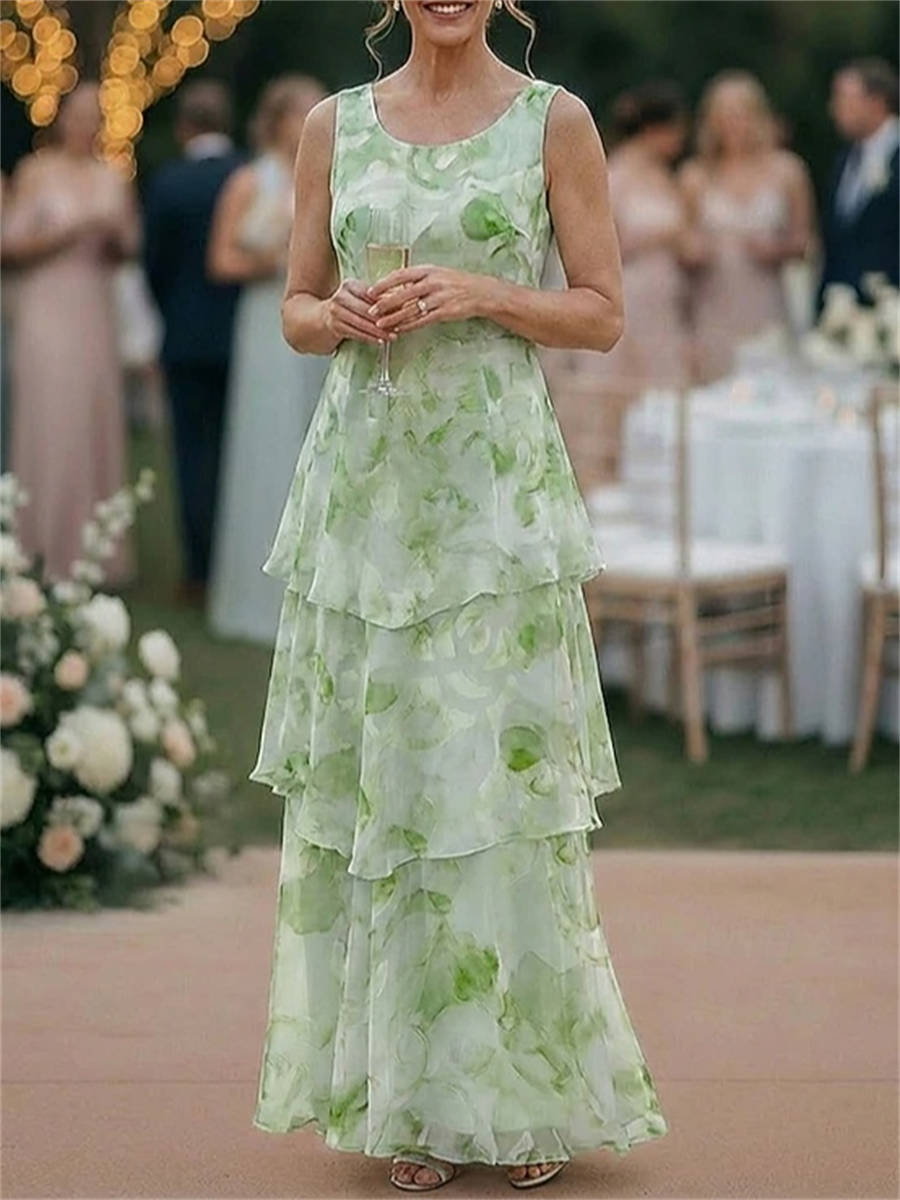A-line Scoop Cascading Ruffles Floor-Length Corset Mother of the Bride Dress