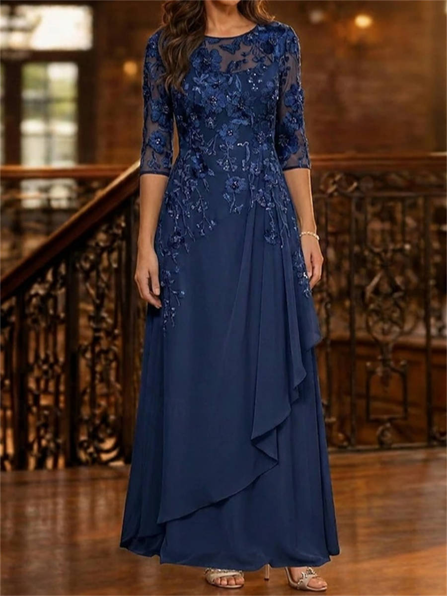 A-line Scoop 3/4 Sleeves Appliques Lace Floor-Length Chiffon Corset Mother of the Bride Dress