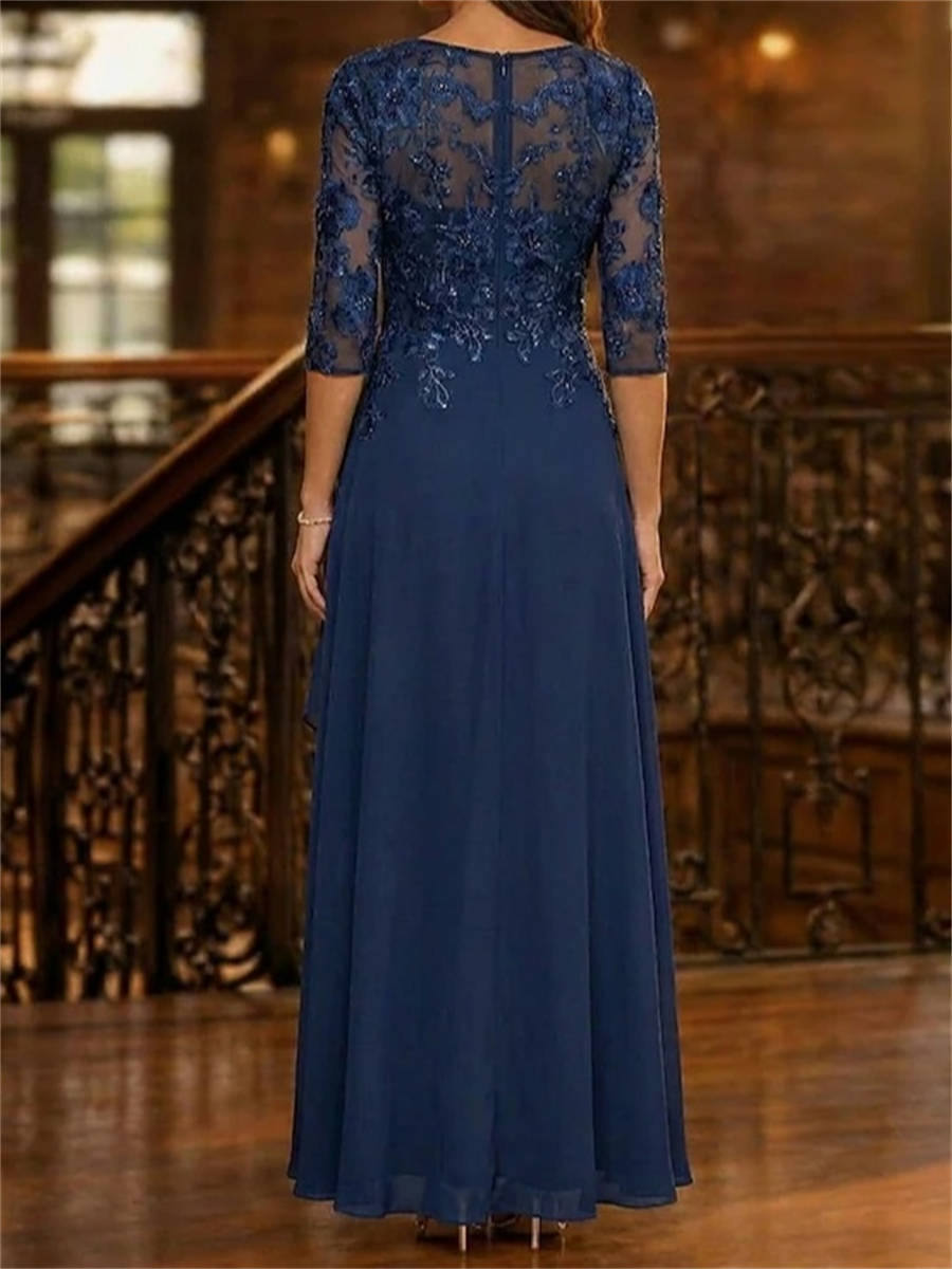 A-line Scoop 3/4 Sleeves Appliques Lace Floor-Length Chiffon Corset Mother of the Bride Dress