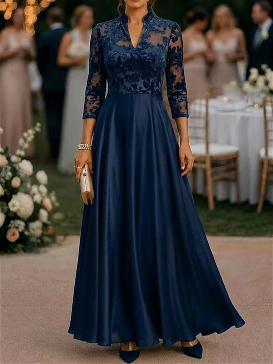 A-line High Neck 3/4 Sleeves Appliques Lace Floor-Length Silk Like Satin Corset Mother of the Bride Dress