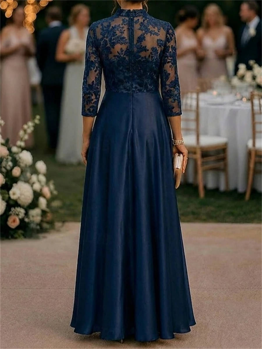 A-line High Neck 3/4 Sleeves Appliques Lace Floor-Length Silk Like Satin Corset Mother of the Bride Dress