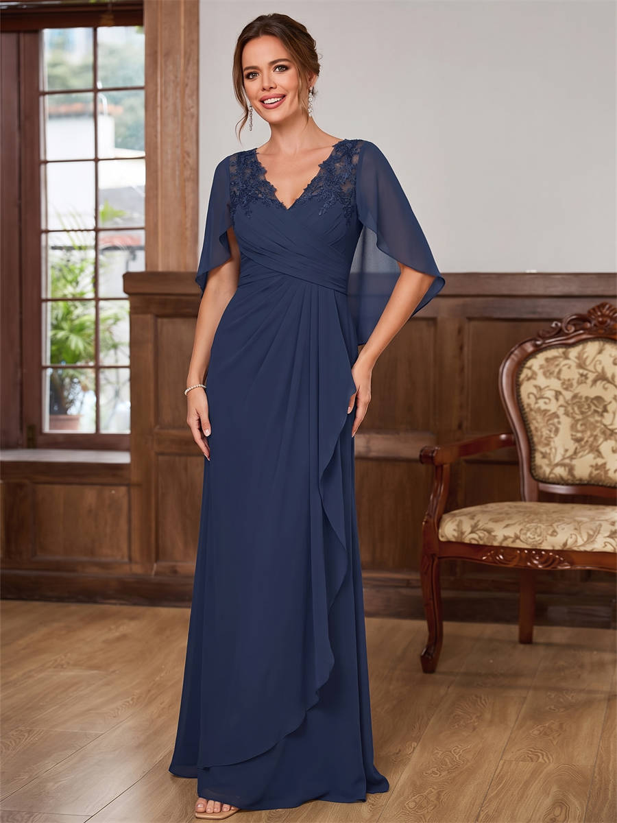 A-line V-neck Cap Sleeves Appliques Lace Floor-Length Chiffon Corset Mother of the Bride Dress