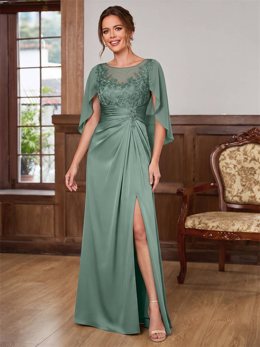 A-line Scoop Cap Sleeves Appliques Lace Floor-Length Satin Chiffon Corset Mother of the Bride Dress