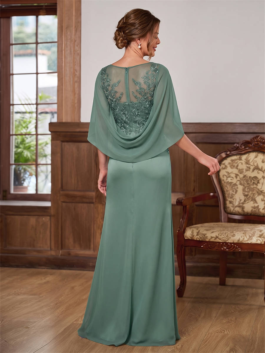 A-line Scoop Cap Sleeves Appliques Lace Floor-Length Satin Chiffon Corset Mother of the Bride Dress