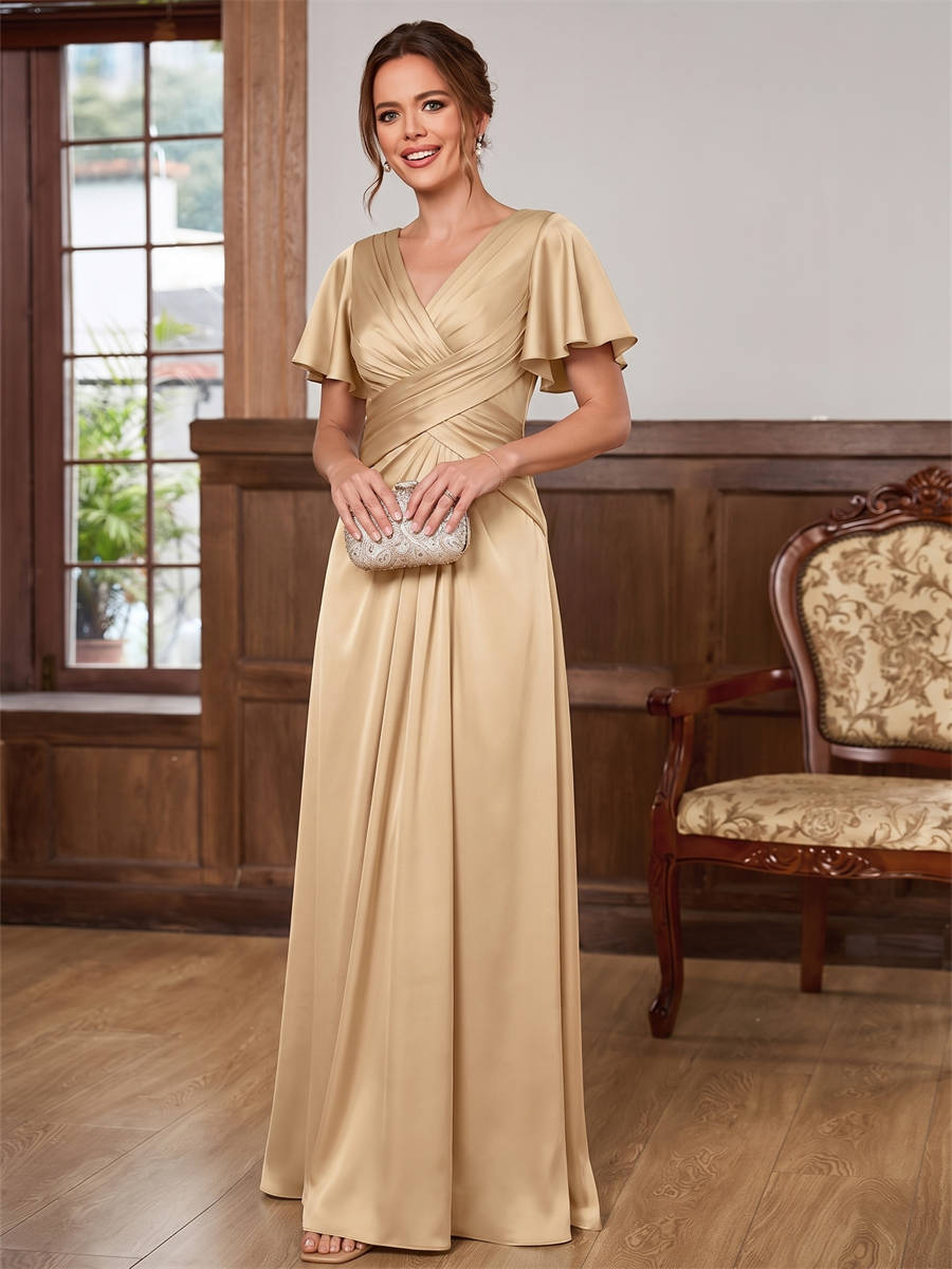 A-line V-neck Short Sleeves Pleated Floor-Length Silk Like Satin Corset Mother of the Bride Dress