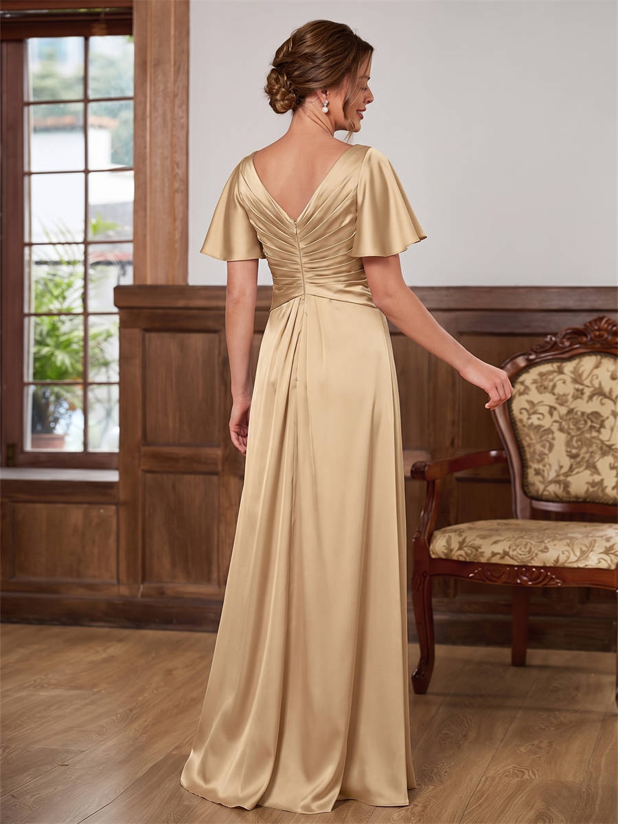 A-line V-neck Short Sleeves Pleated Floor-Length Silk Like Satin Corset Mother of the Bride Dress