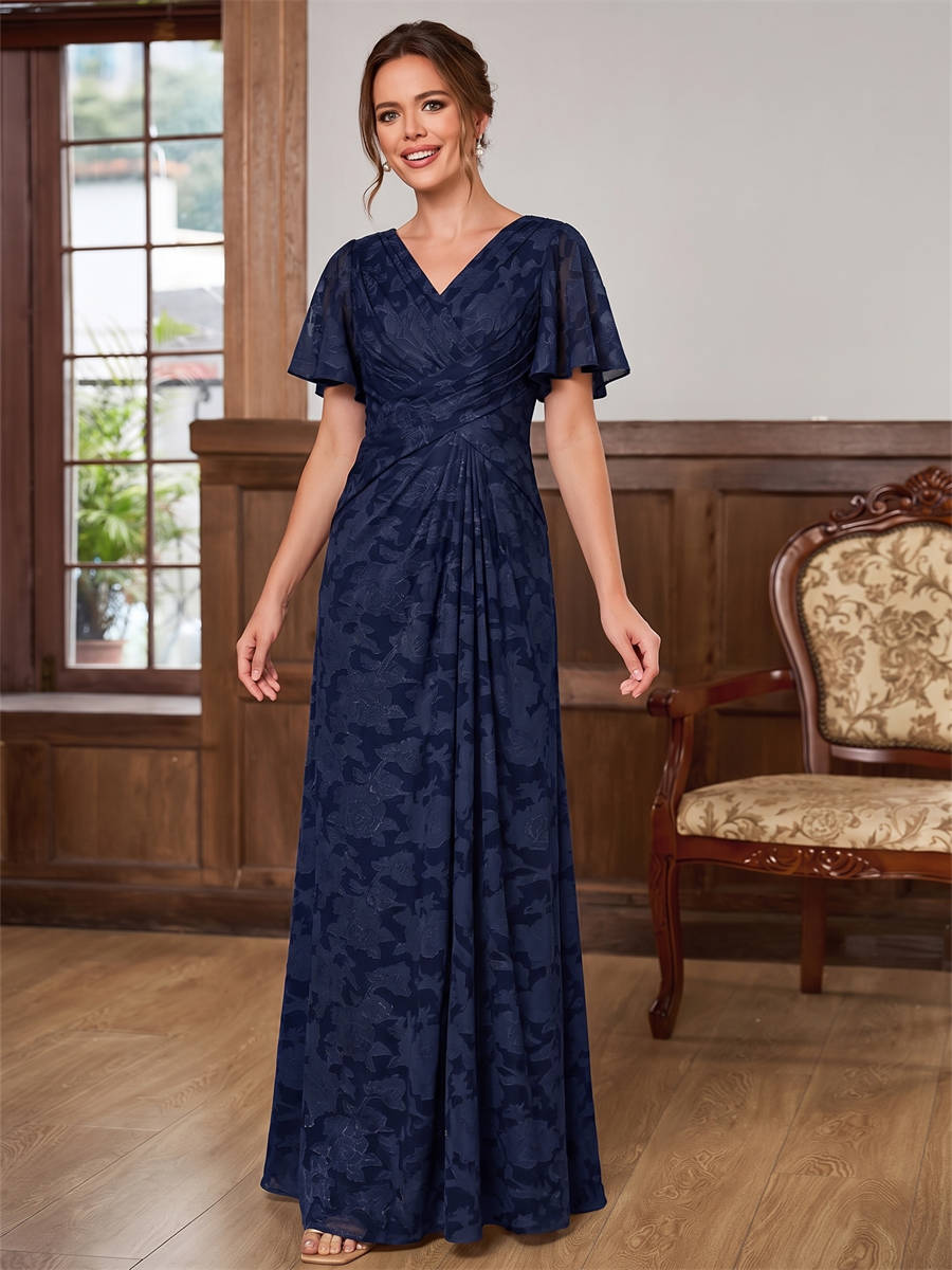 A-line V-neck Short Sleeves Pleated Floor-Length Lace Corset Mother of the Bride Dress
