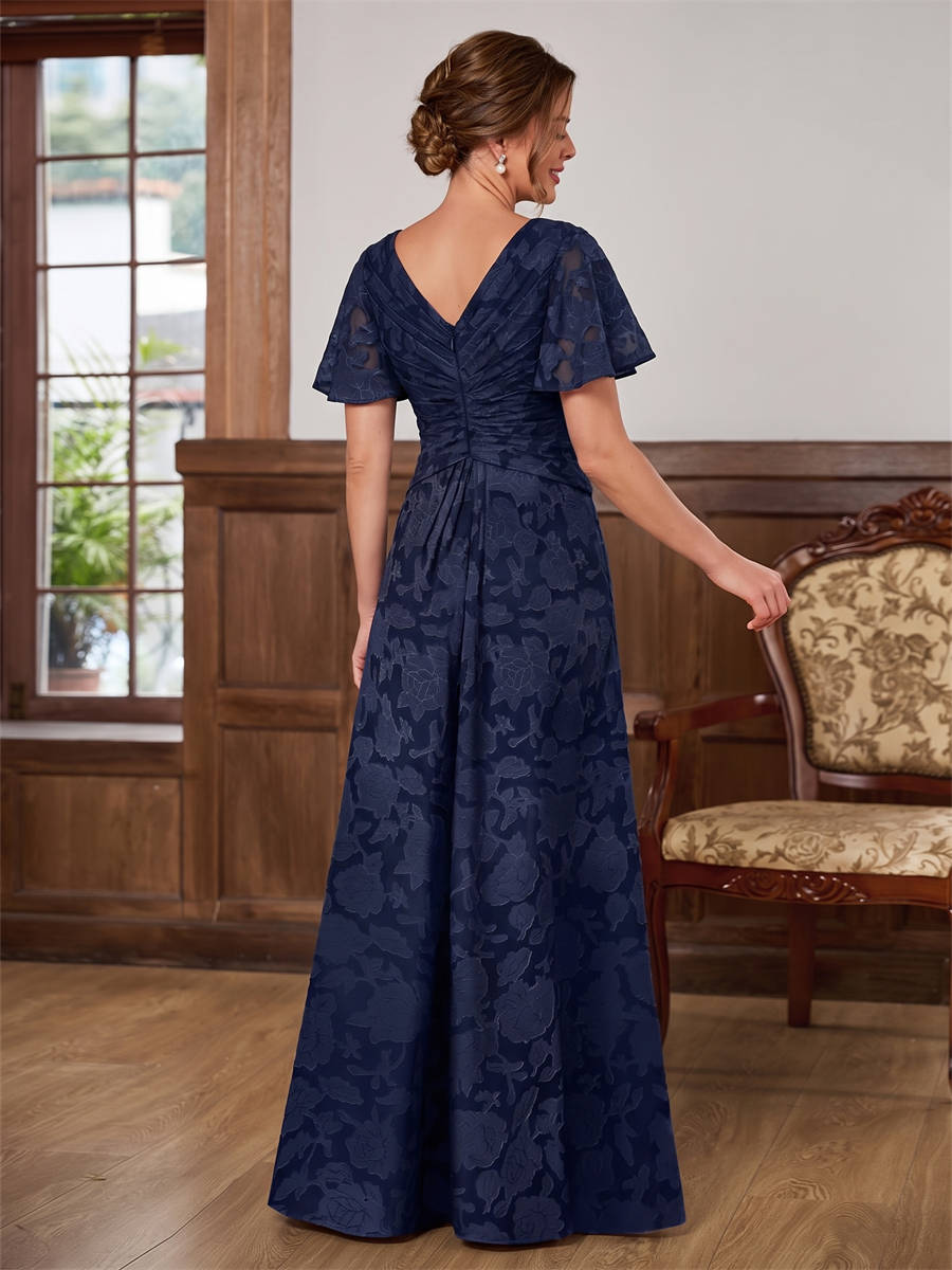 A-line V-neck Short Sleeves Pleated Floor-Length Lace Corset Mother of the Bride Dress