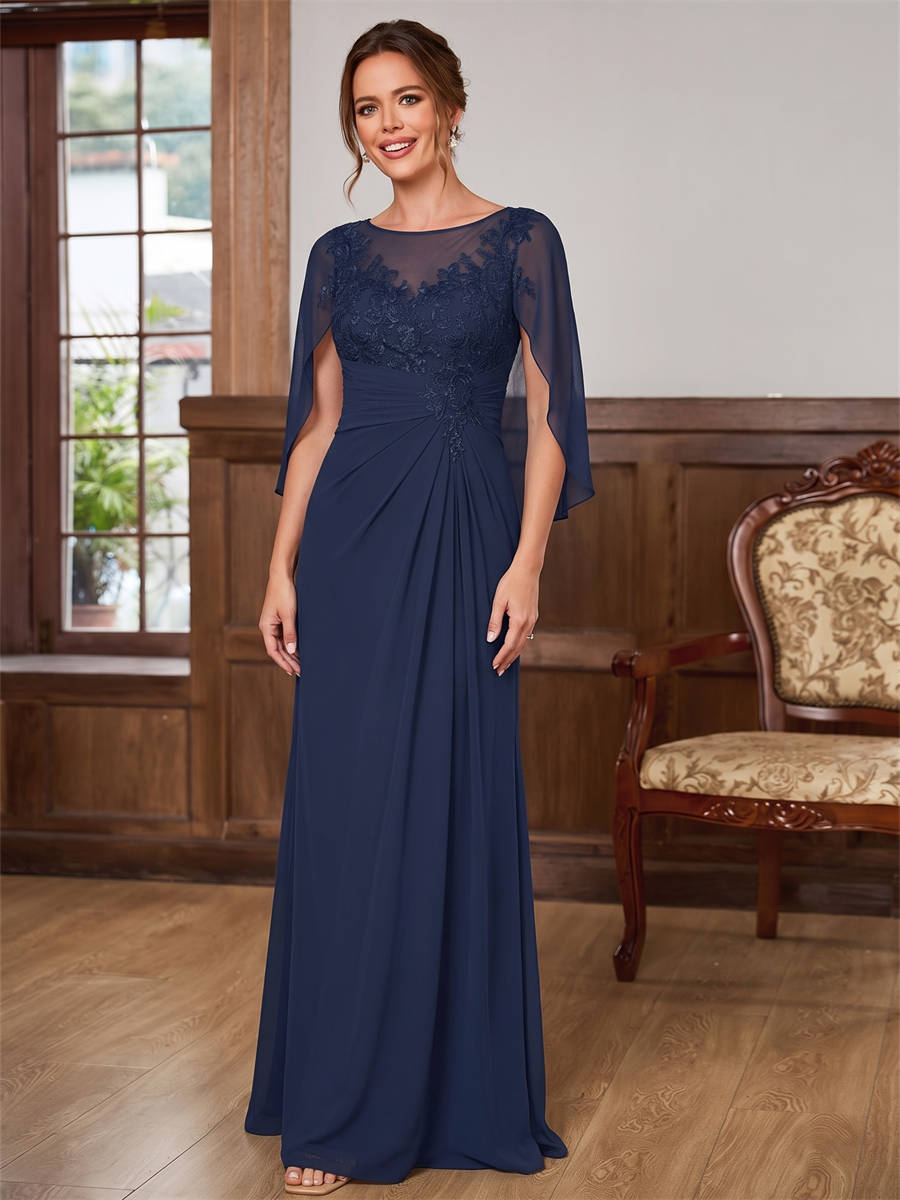 A-line Scoop Cap Sleeves Appliques Lace Floor-Length Chiffon Corset Mother of the Bride Dress