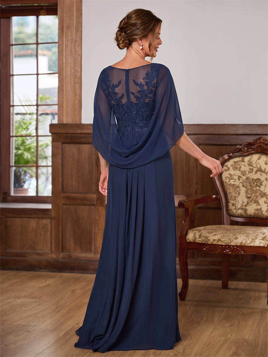 A-line Scoop Cap Sleeves Appliques Lace Floor-Length Chiffon Corset Mother of the Bride Dress