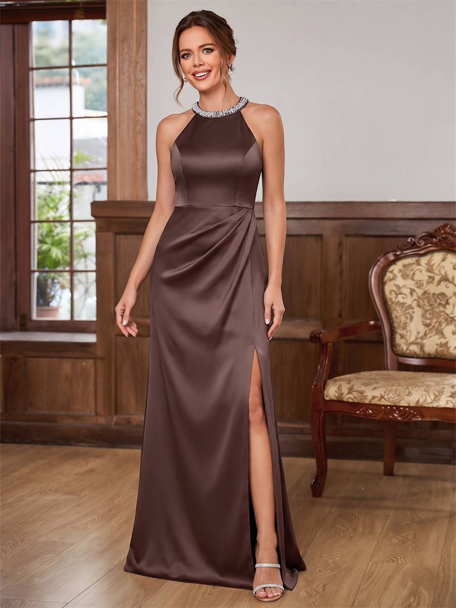 Sheath Halter Pleated Floor-Length Silk Like Satin Corset Mother of the Bride Dress