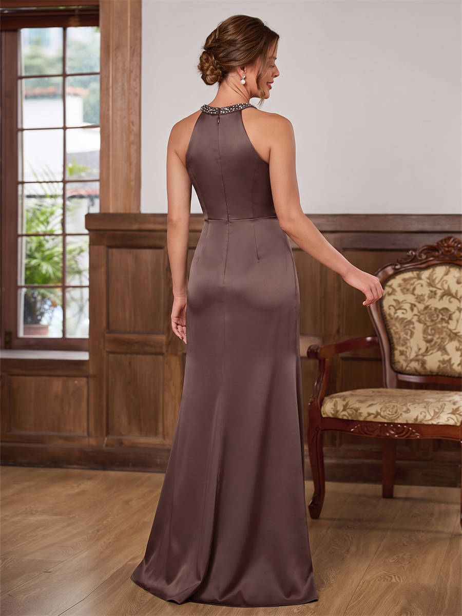 Sheath Halter Pleated Floor-Length Silk Like Satin Corset Mother of the Bride Dress