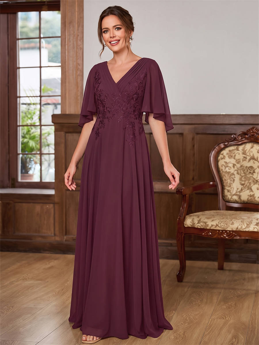 A-line V-neck 1/2 Sleeves Appliques Lace Floor-Length Chiffon Corset Mother of the Bride Dress