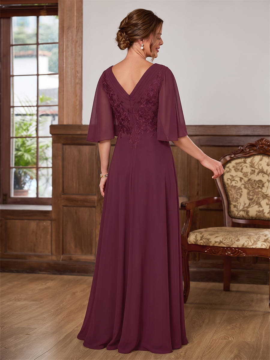 A-line V-neck 1/2 Sleeves Appliques Lace Floor-Length Chiffon Corset Mother of the Bride Dress