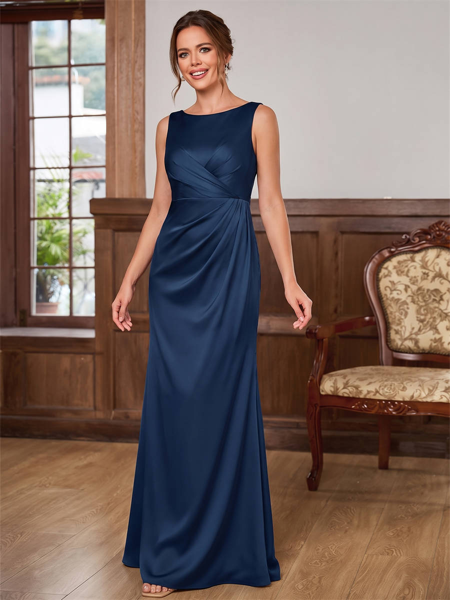Sheath Scoop Pleated Floor-Length Silk Like Satin Corset Mother of the Bride Dress