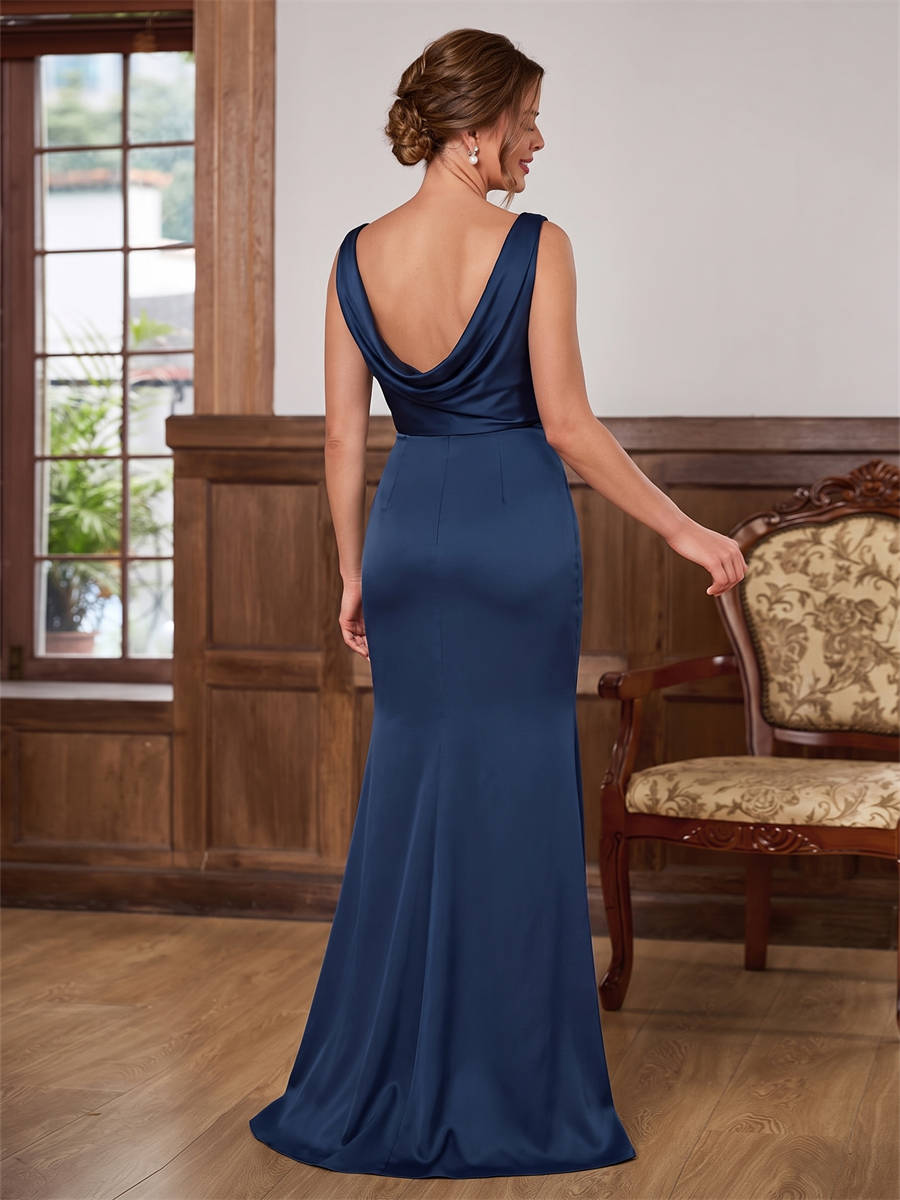 Sheath Scoop Pleated Floor-Length Silk Like Satin Corset Mother of the Bride Dress