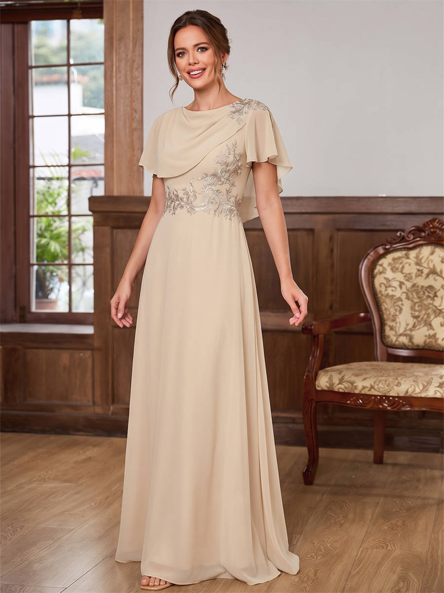 A-line Scoop Short Sleeves Appliques Lace Floor-Length Chiffon Corset Mother of the Bride Dress