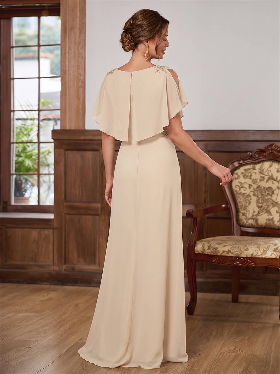 A-line Scoop Short Sleeves Appliques Lace Floor-Length Chiffon Corset Mother of the Bride Dress