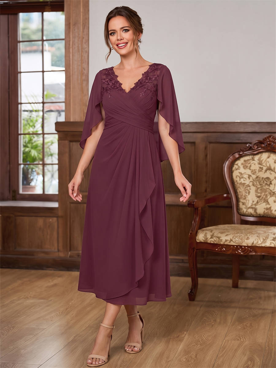 A-line V-neck Cap Sleeves Appliques Lace Tea-Length Chiffon Corset Mother of the Bride Dress