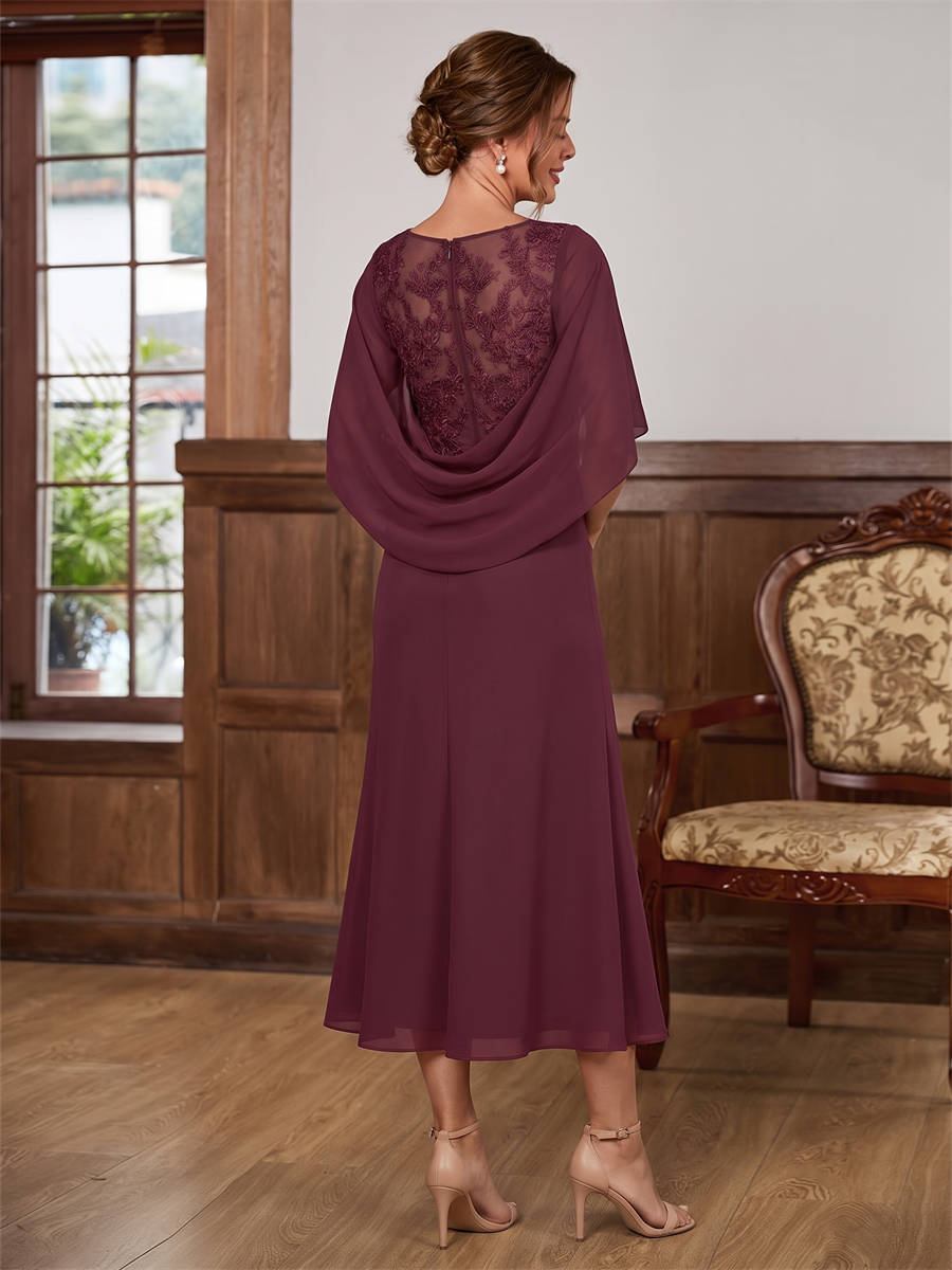 A-line V-neck Cap Sleeves Appliques Lace Tea-Length Chiffon Corset Mother of the Bride Dress