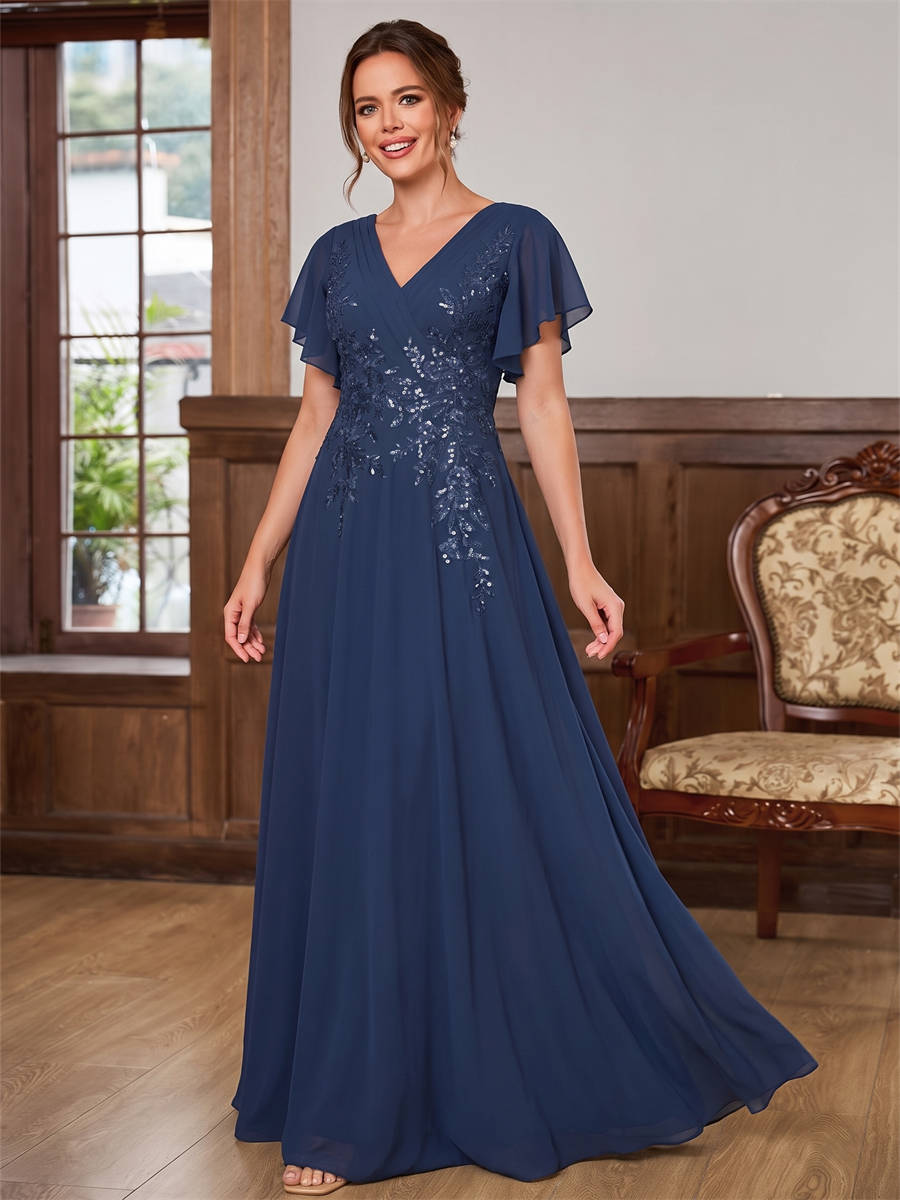 A-line V-neck Short Sleeves Appliques Lace Floor-Length Chiffon Corset Mother of the Bride Dress