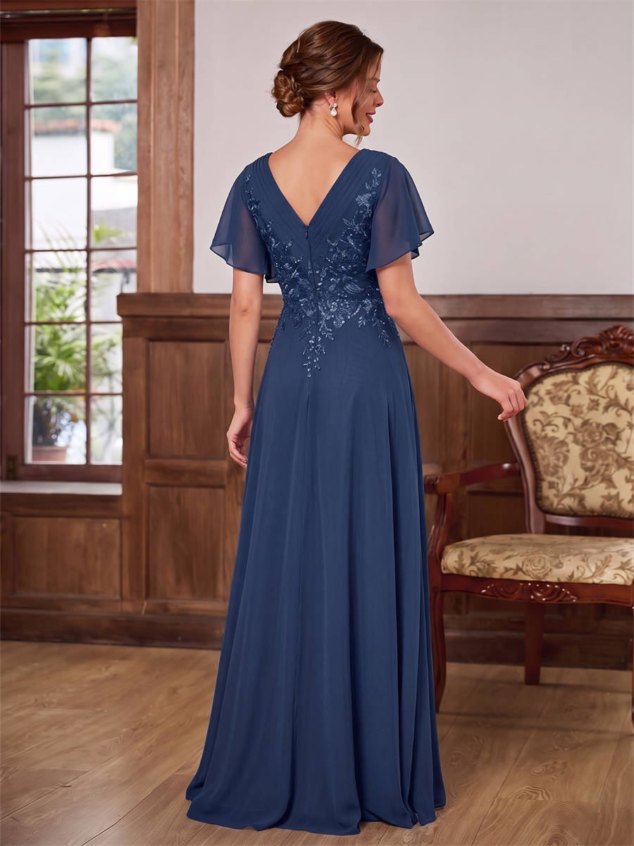 A-line V-neck Short Sleeves Appliques Lace Floor-Length Chiffon Corset Mother of the Bride Dress