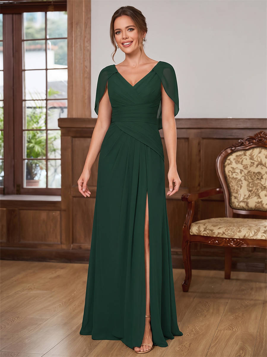 A-line V-neck Cap Sleeves Pleated Floor-Length Chiffon Corset Mother of the Bride Dress