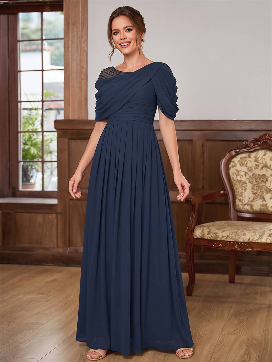 A-line Scoop Short Sleeves Pleated Floor-Length Chiffon Corset Mother of the Bride Dress