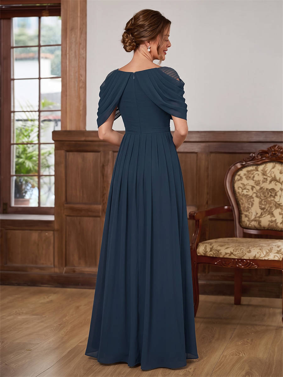 A-line Scoop Short Sleeves Pleated Floor-Length Chiffon Corset Mother of the Bride Dress