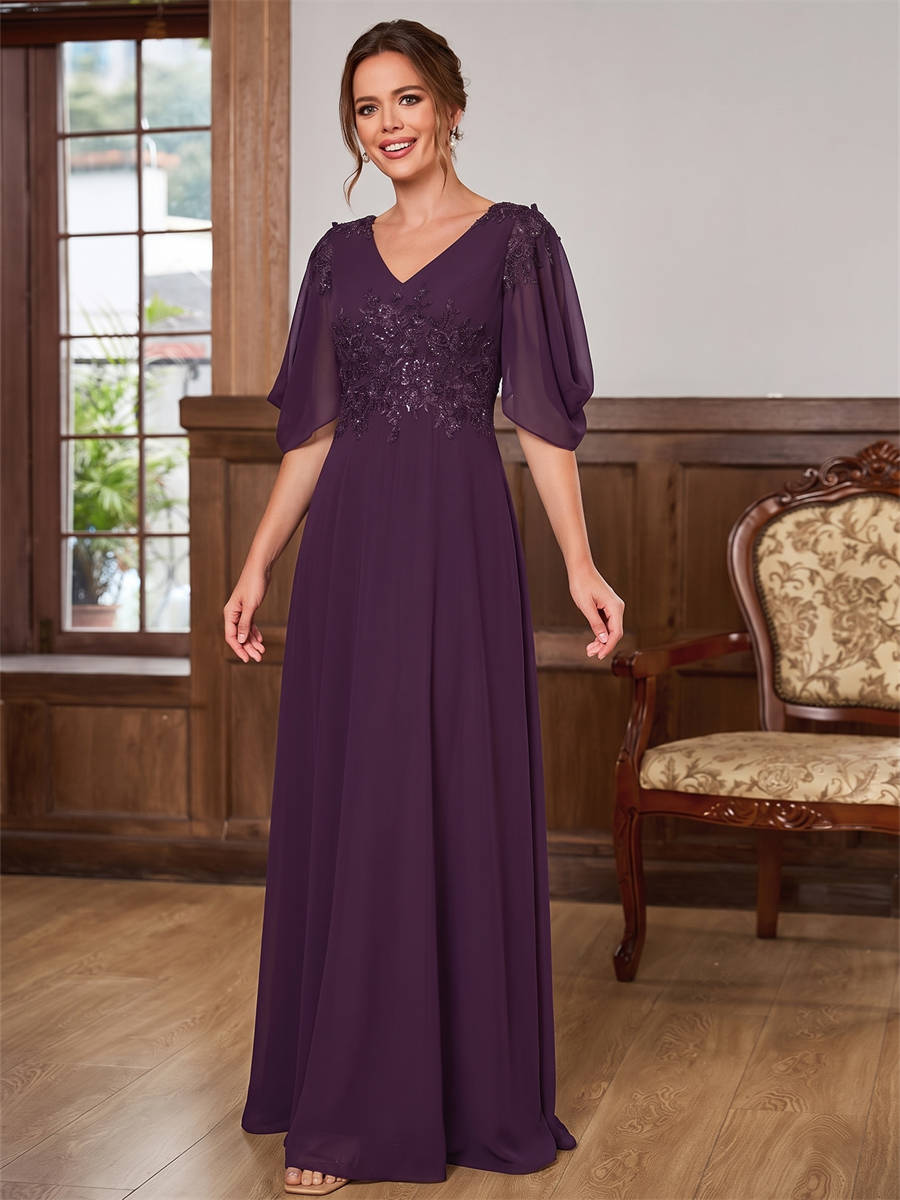 A-line V-neck 1/2 Sleeves Appliques Lace Floor-Length Chiffon Corset Mother of the Bride Dress