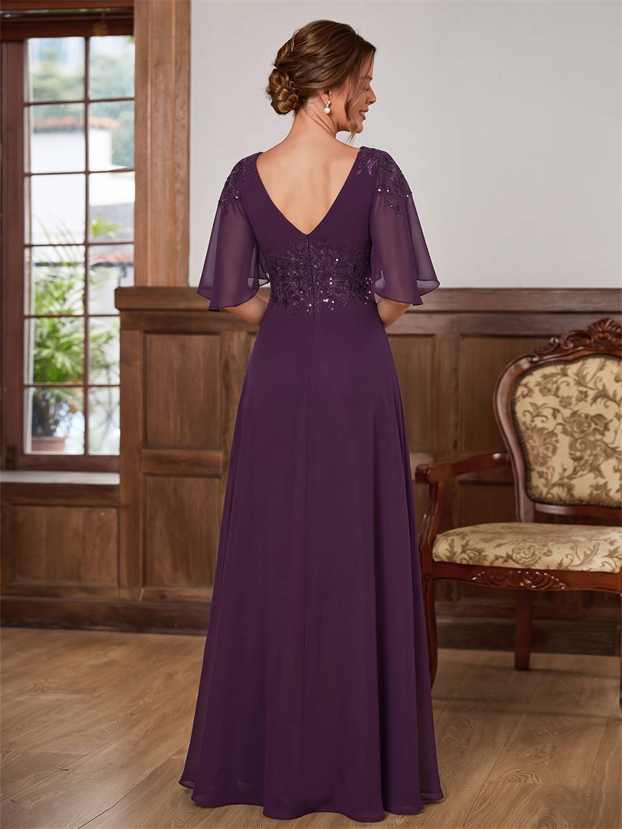 A-line V-neck 1/2 Sleeves Appliques Lace Floor-Length Chiffon Corset Mother of the Bride Dress