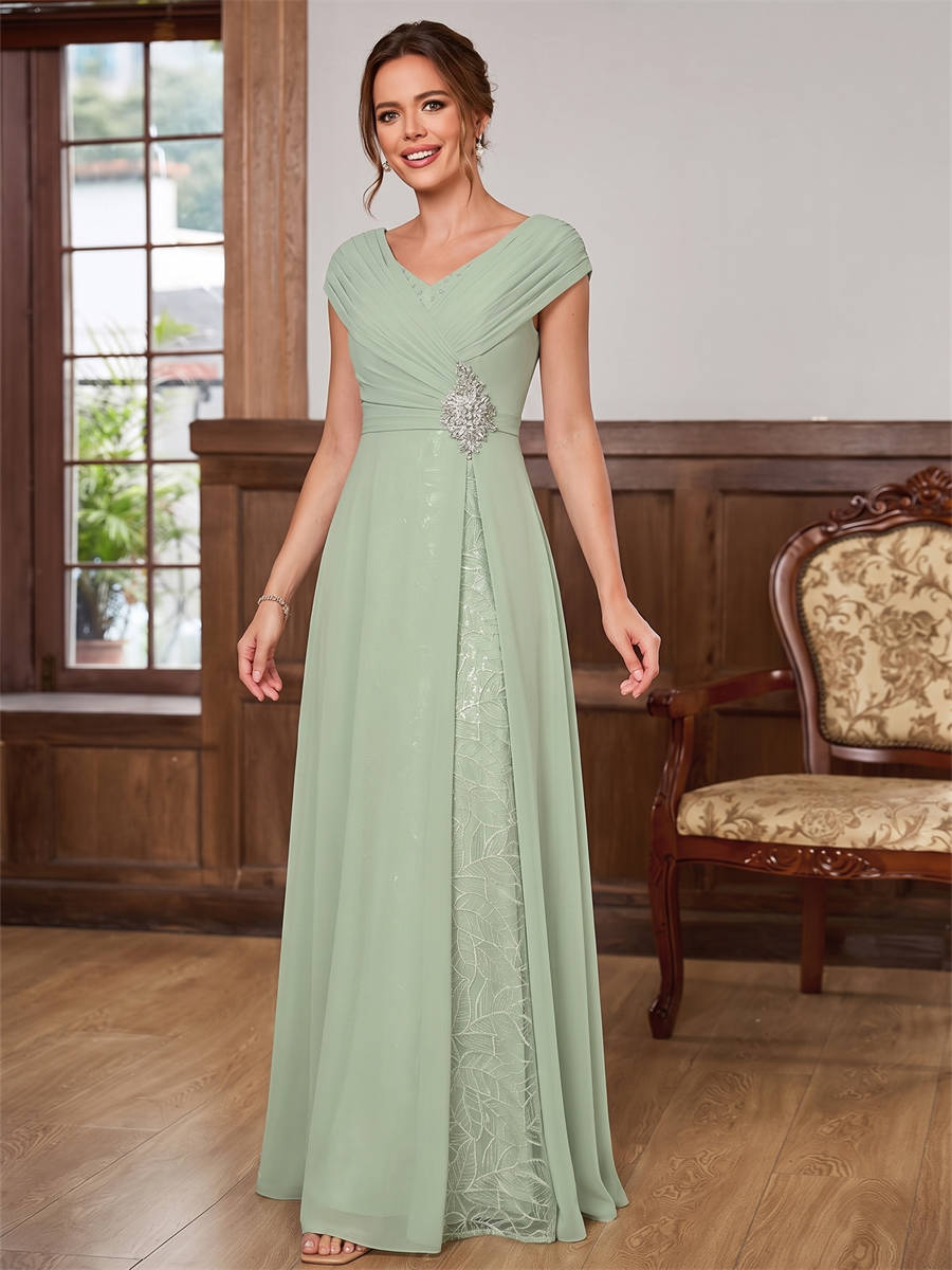 A-line V-neck Rhinestone Floor-Length Chiffon Corset Mother of the Bride Dress