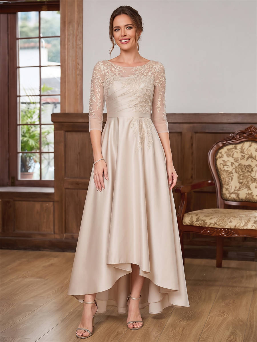 A-line Scoop 3/4 Sleeves Appliques Lace Asymmetrical Silk Like Satin Corset Mother of the Bride Dress