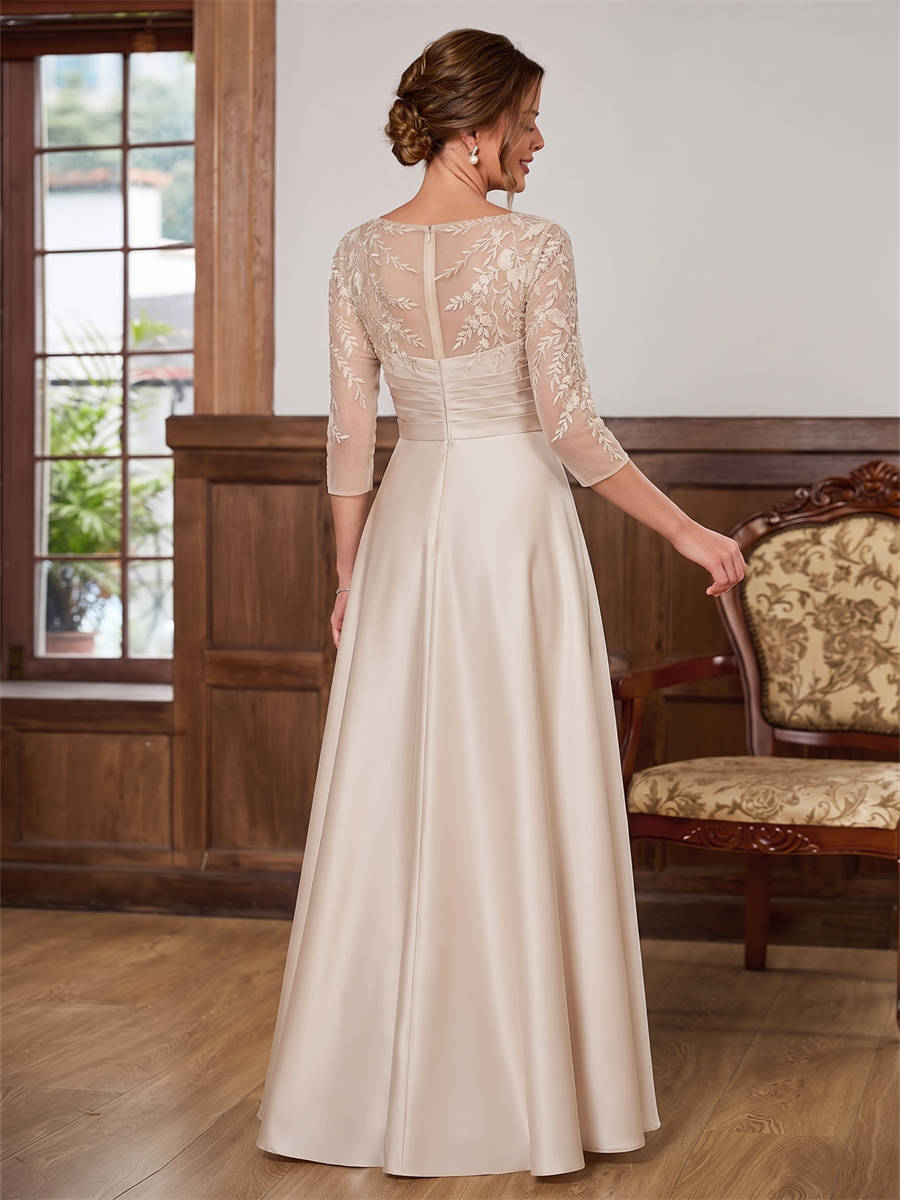 A-line Scoop 3/4 Sleeves Appliques Lace Asymmetrical Silk Like Satin Corset Mother of the Bride Dress