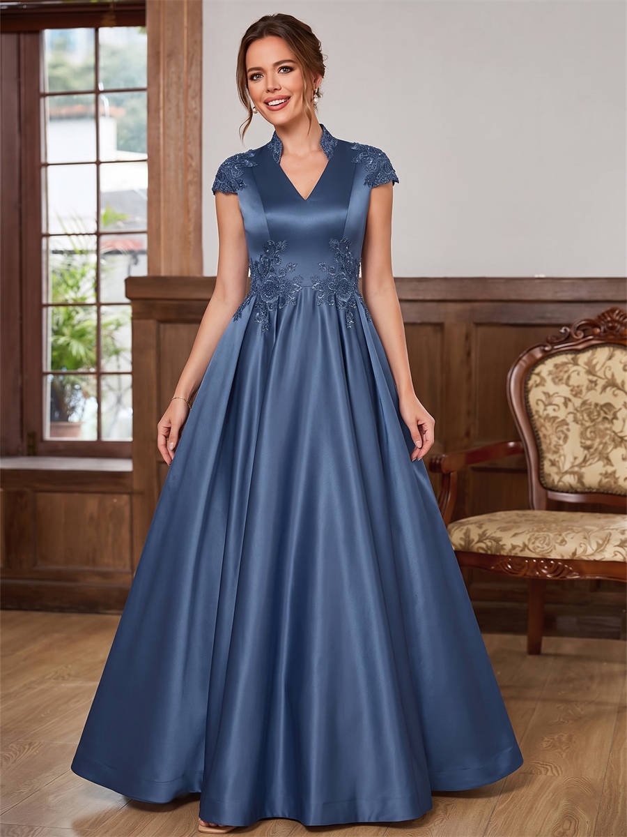 A-line High Neck Short Sleeves Appliques Lace Floor-Length Satin Corset Mother of the Bride Dress