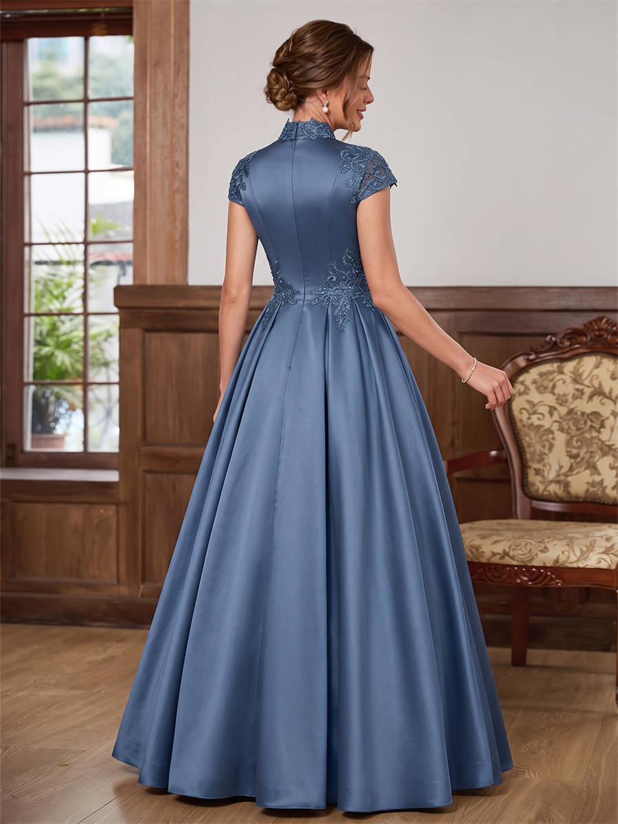 A-line High Neck Short Sleeves Appliques Lace Floor-Length Satin Corset Mother of the Bride Dress