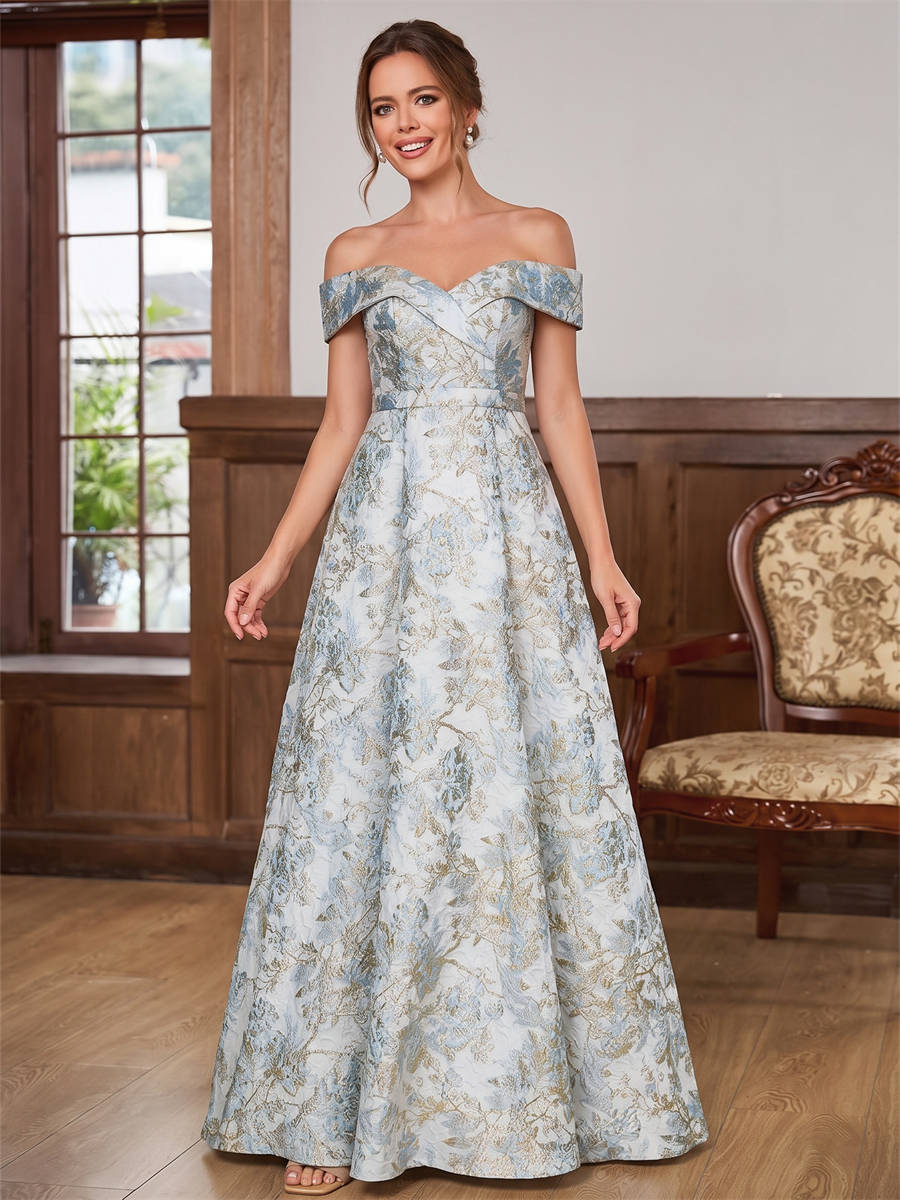 A-line Off-the-Shoulder Floor-Length Corset Mother of the Bride Dress