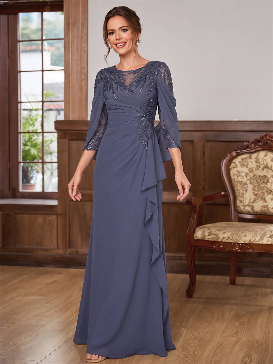 Sheath Scoop 3/4 Sleeves Appliques Lace Floor-Length Chiffon Corset Mother of the Bride Dress